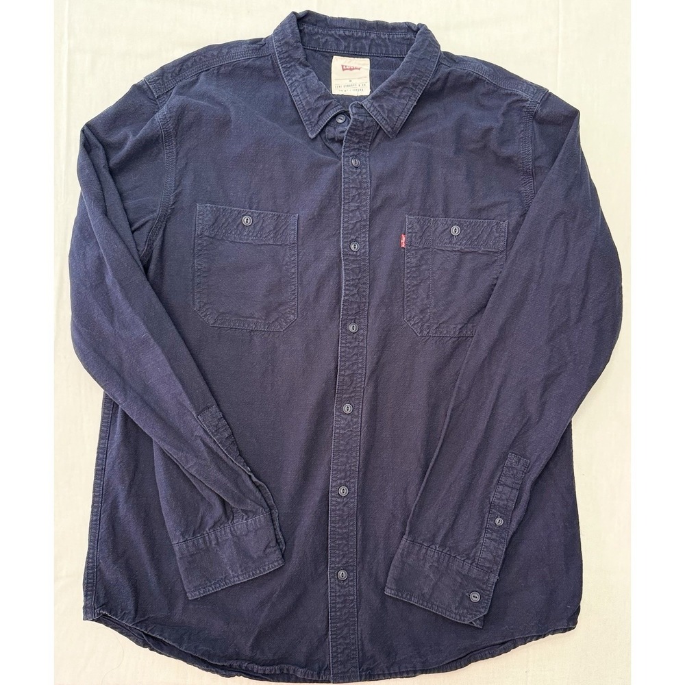 Levis‎ Mens XL Long Sleeve Button Up Shirt Navy Blue Dual Pocket Cotton Workwear